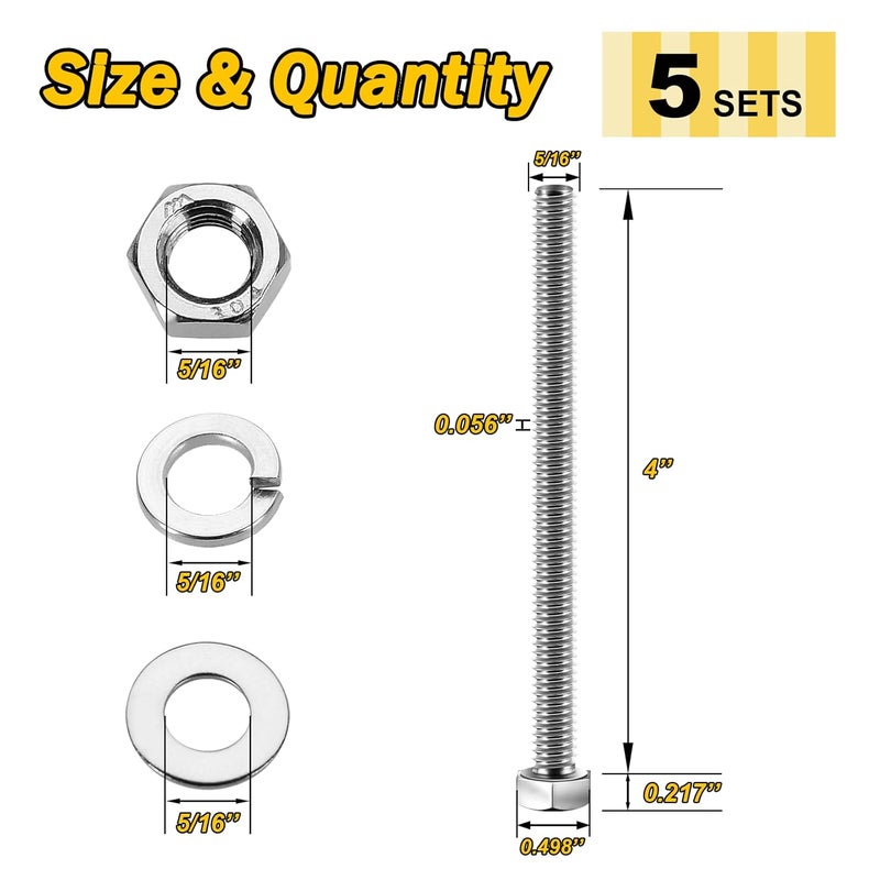 MYWISH (5 Sets) 5/16-18x4 Hex Head Assorted Screws Nuts and Bolts with Flat & Lock Washers, 304 Stainless Steel 18-8, Fully Threaded, 5/16 Bolt Metric Bolt Assortment - Image 2